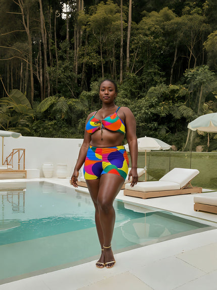 Three-piece printed high-waist swim set, tie-front triangle top and high-cut bottoms