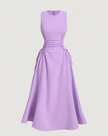 Light-purple sleeveless midi dress with ruched waist and tie side detail