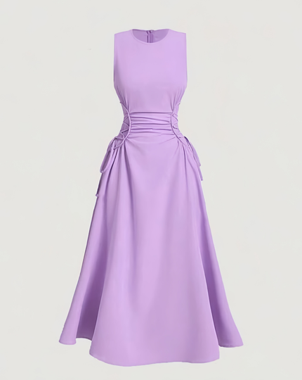 Light-purple sleeveless midi dress with ruched waist and tie side detail