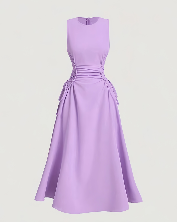 Light-purple sleeveless midi dress with ruched waist and tie side detail