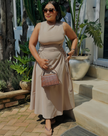 Sleeveless Midi Dress with Side Ruching and Tie Detail