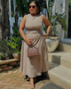 Sleeveless Midi Dress with Side Ruching and Tie Detail