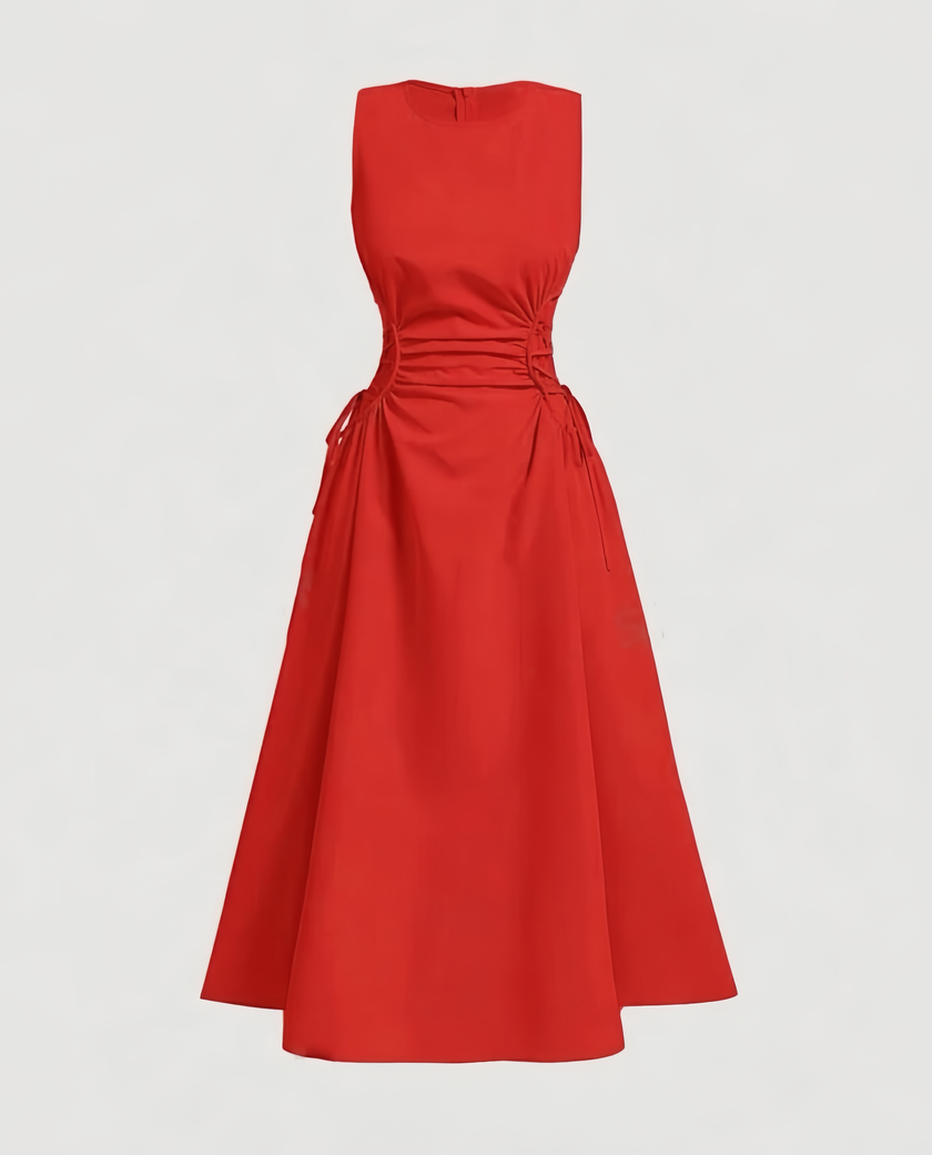 Red sleeveless midi dress with ruched waist and side tie