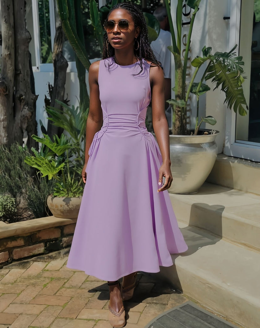 Light-purple sleeveless midi dress with ruched waist and side tie