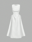 White sleeveless midi dress with side ruching and tied side detail