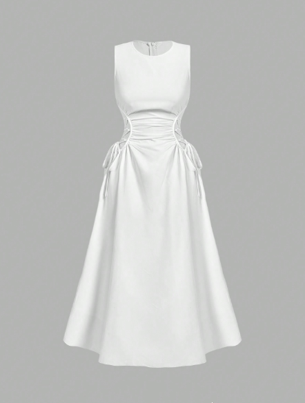 White sleeveless midi dress with side ruching and tied side detail