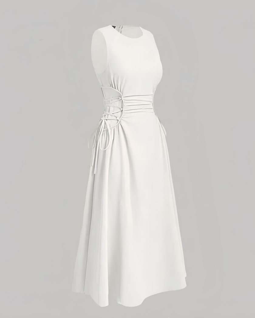 White sleeveless midi dress with ruched waist and tie detail