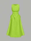 Yellow-green sleeveless midi dress with ruched waist and gathered skirt
