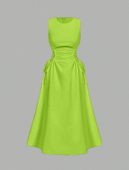 Yellow-green sleeveless midi dress with ruched waist and gathered skirt