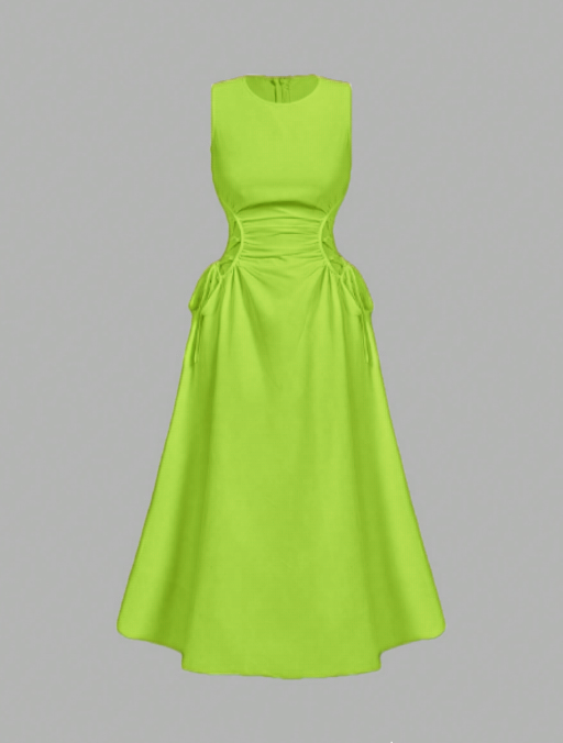 Yellow-green sleeveless midi dress with ruched waist and gathered skirt