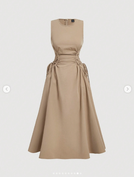 Beige sleeveless midi dress with side ruching and tie waist
