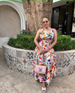 Women's sleeveless A-line midi dress with colorful abstract print and scoop neckline