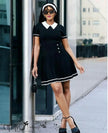 Black A-line knit mini dress with white collar, puff sleeves, button front