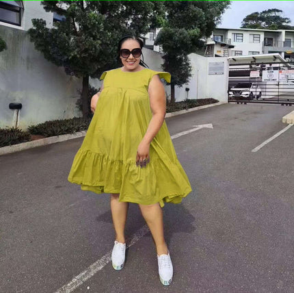 Yellow sleeveless A-line dress with ruffle hem and tiered skirt