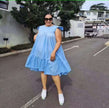 Sky-blue sleeveless A-line dress with ruffle hem and tiered skirt