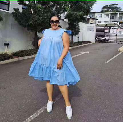 Sky-blue sleeveless A-line dress with ruffle hem and tiered skirt