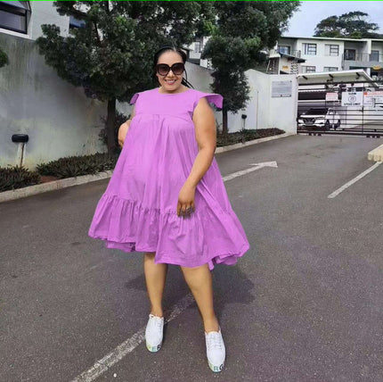 Violet sleeveless A-line dress with ruffle hem and tiered skirt