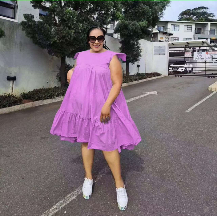 Violet sleeveless A-line dress with ruffle hem and tiered skirt