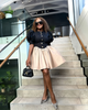 High-Waisted Puff Sleeve Dress with Beige Flared Skirt and Button Decorations