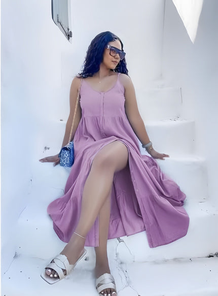 Lilac sleeveless A-line dress with V-neck and tiered skirt