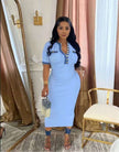 Sky-blue midi polo dress with blue-trim button placket and short sleeves