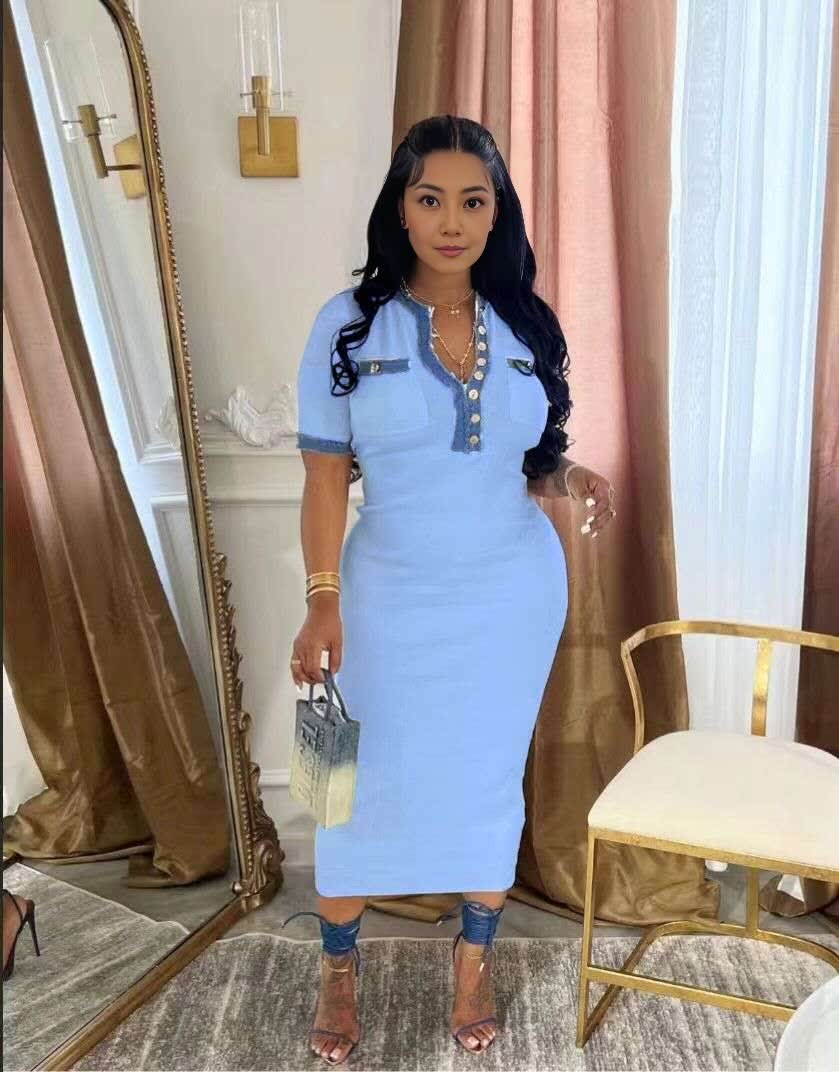 Sky-blue midi polo dress with blue-trim button placket and short sleeves