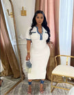 White fitted midi polo dress with blue-trim button placket and chest pockets