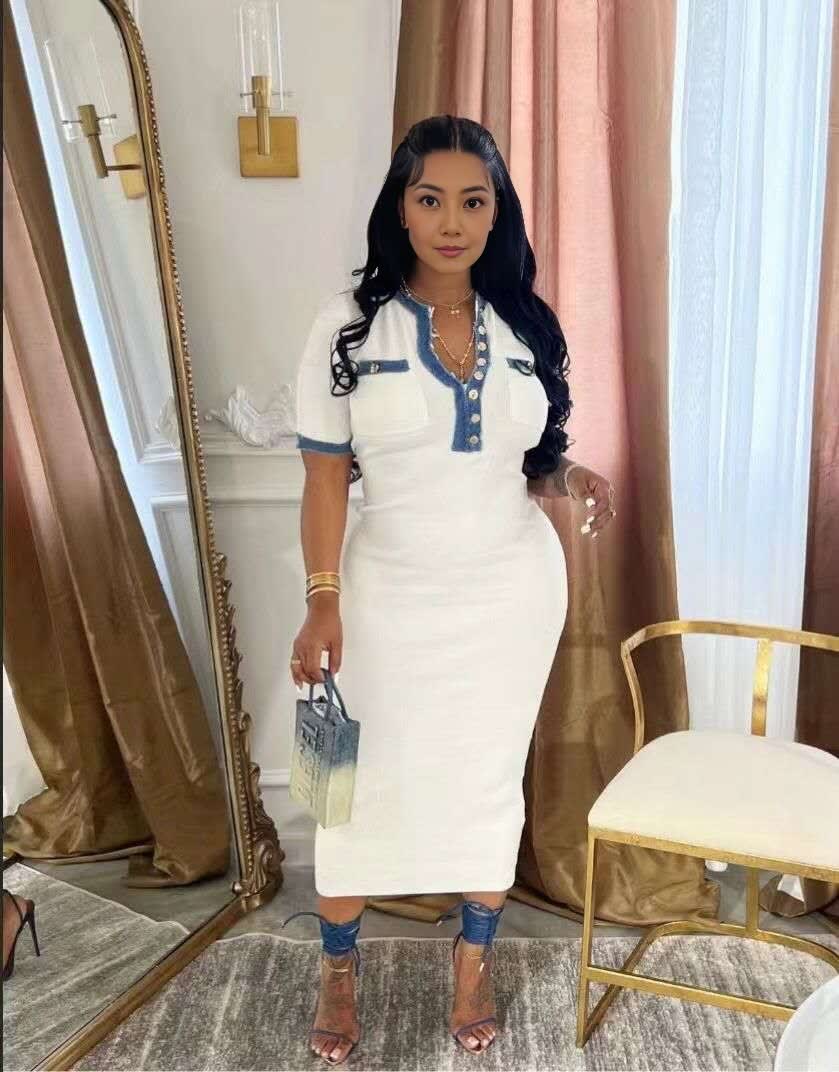 White fitted midi polo dress with blue-trim button placket and chest pockets