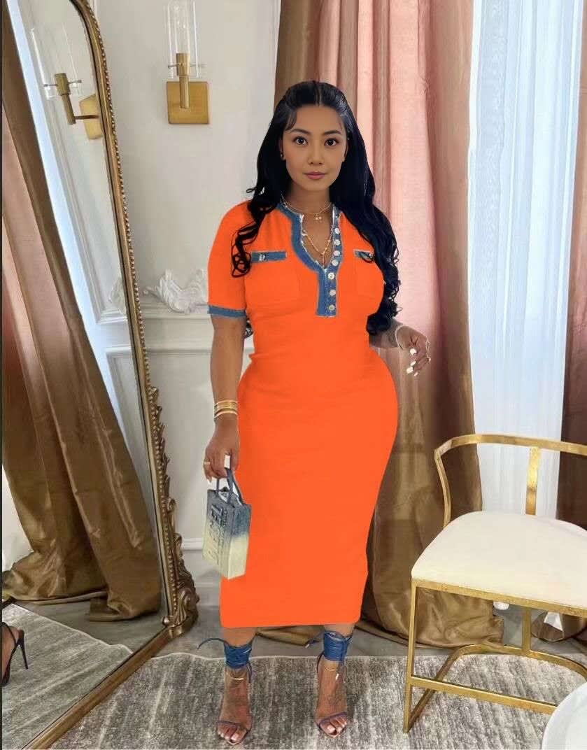 Orange-red midi polo dress with blue-trim button placket and short sleeves