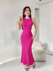 Deep-pink sleeveless knitted maxi dress with ribbed slim fit and side slit