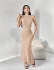 Nude sleeveless knitted maxi dress with ribbed slim fit and side slit