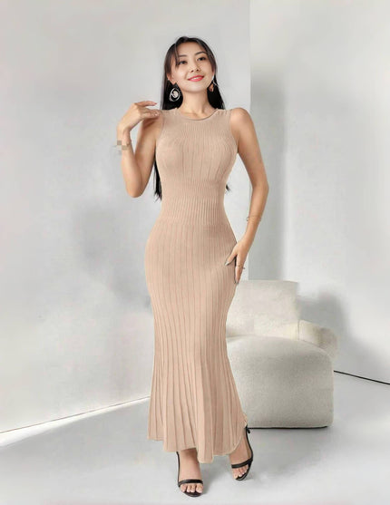 Nude sleeveless knitted maxi dress with ribbed slim fit and side slit