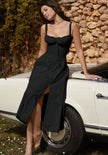Sleeveless Square Neckline Dress with Ruched Bodice and Front Slit Skirt