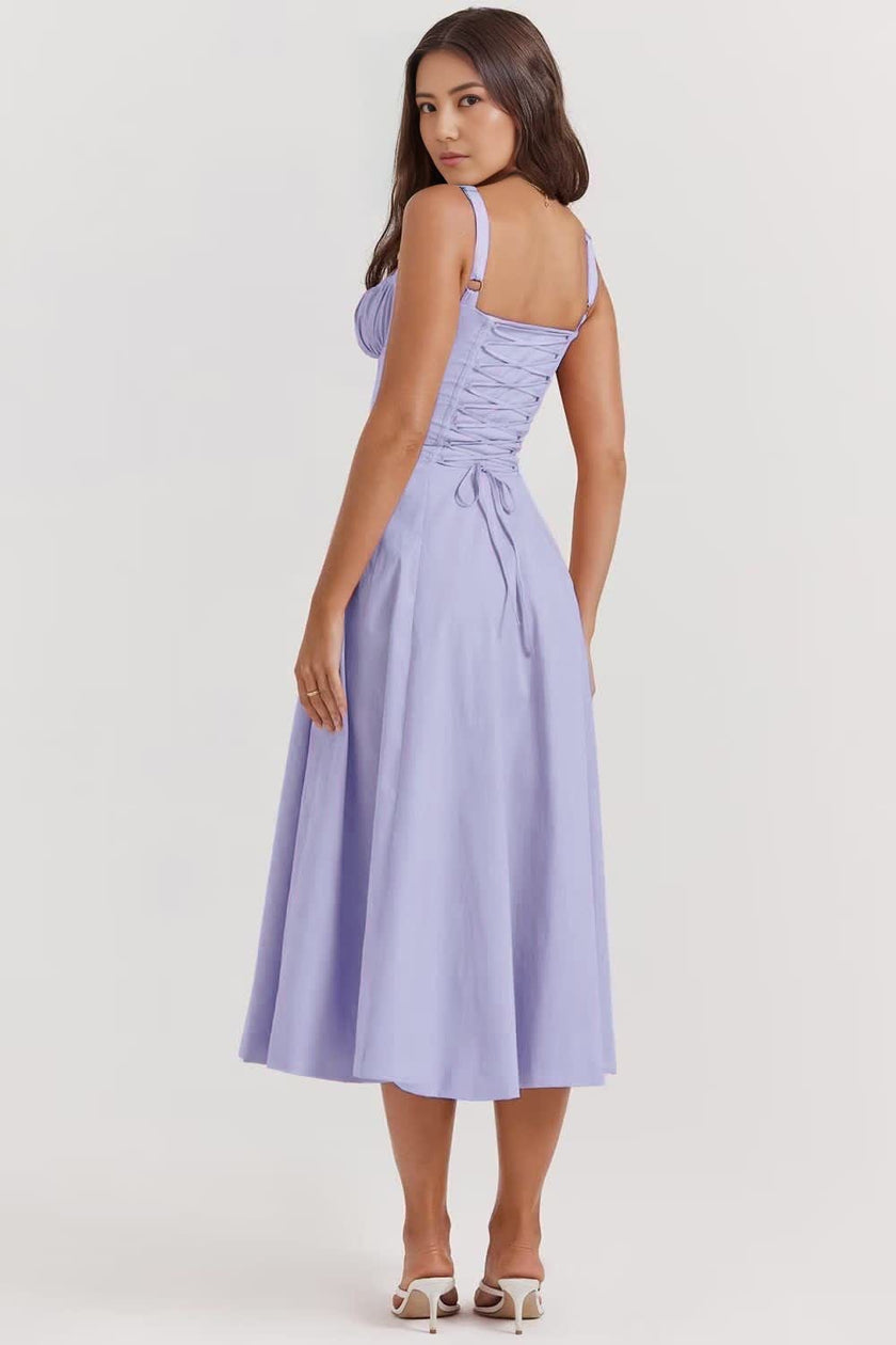 Lavender midi dress with ruched bodice, thin straps, and gathered skirt