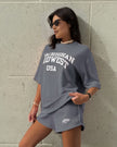 Grey oversized graphic tee and matching shorts set, short sleeves and elastic waistband