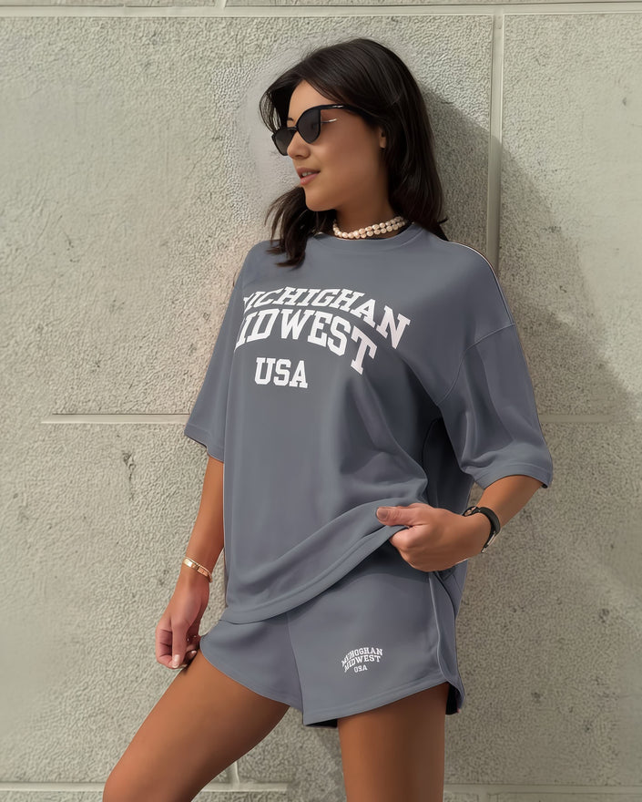 Grey oversized graphic tee and matching shorts set, short sleeves and elastic waistband