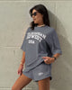 Grey oversized graphic tee and matching shorts set, short sleeves and elastic waistband