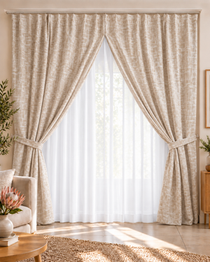 Beige patterned curtain set with tiebacks and sheer white panel