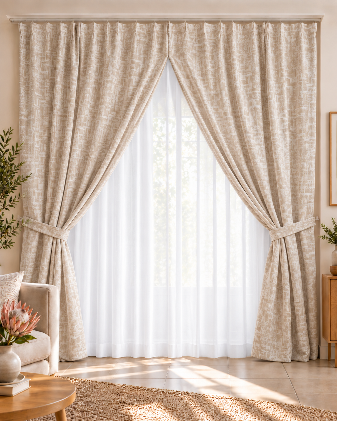Beige patterned curtain set with tiebacks and sheer white panel