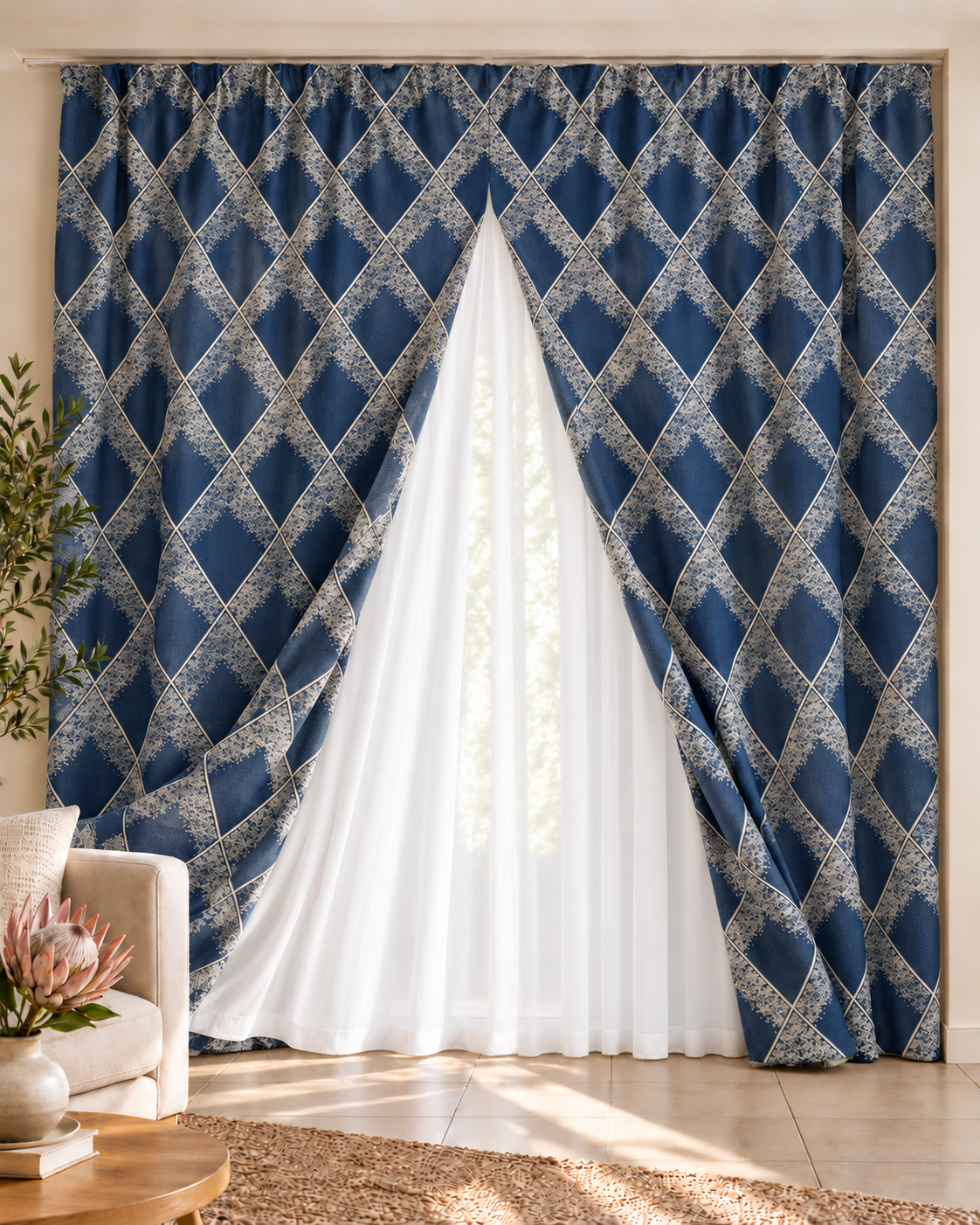 Navy curtain set with diamond pattern and sheer white panel