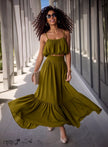 Olive spaghetti-strap crop top with ruffled tiers and flowing maxi skirt