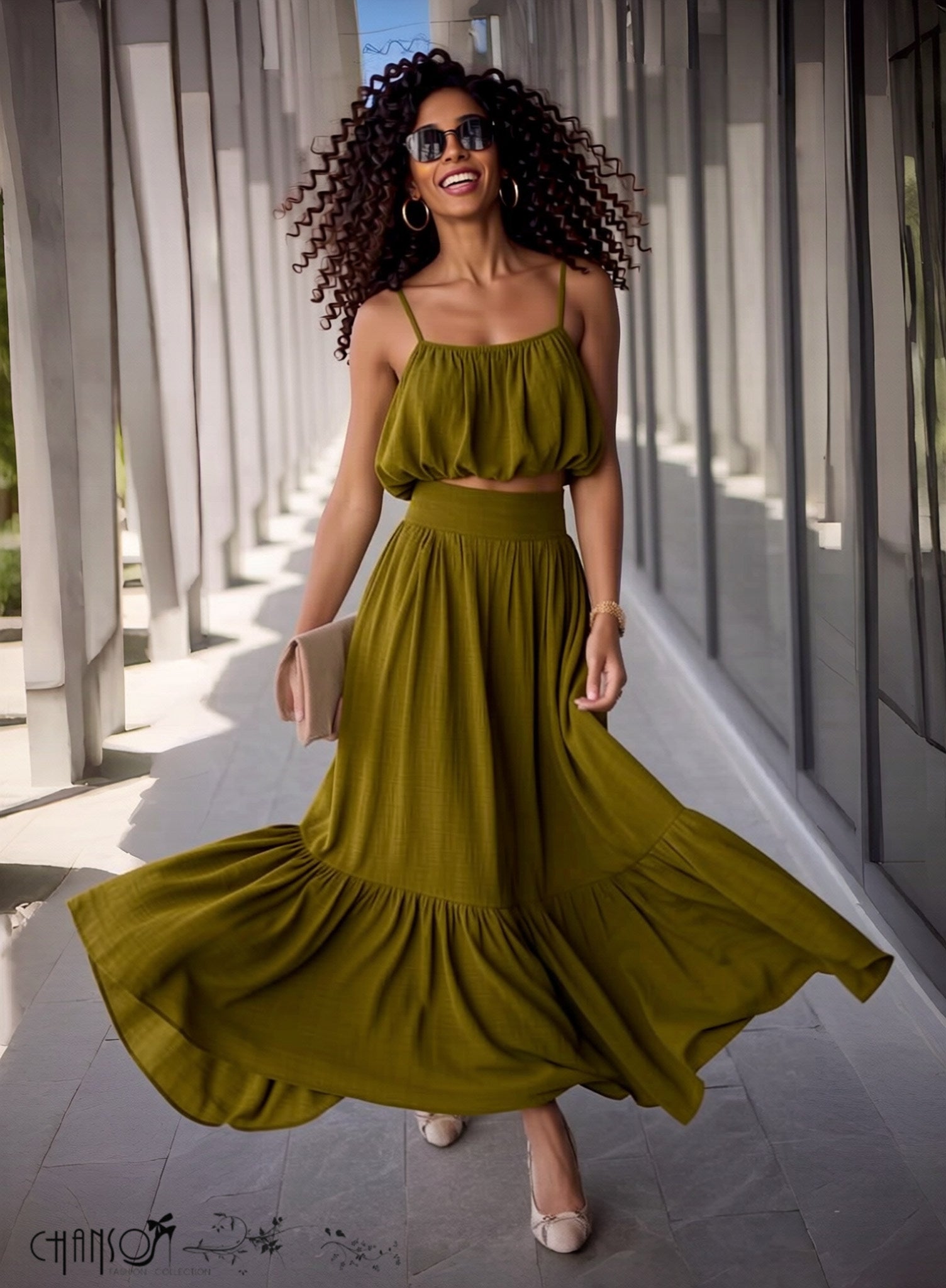 Olive spaghetti-strap crop top with ruffled tiers and flowing maxi skirt