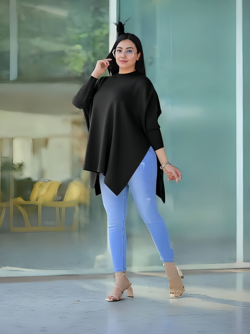 Asymmetrical Hem Knit Top, Minimalist Loose Fit, Effortless Chic Style