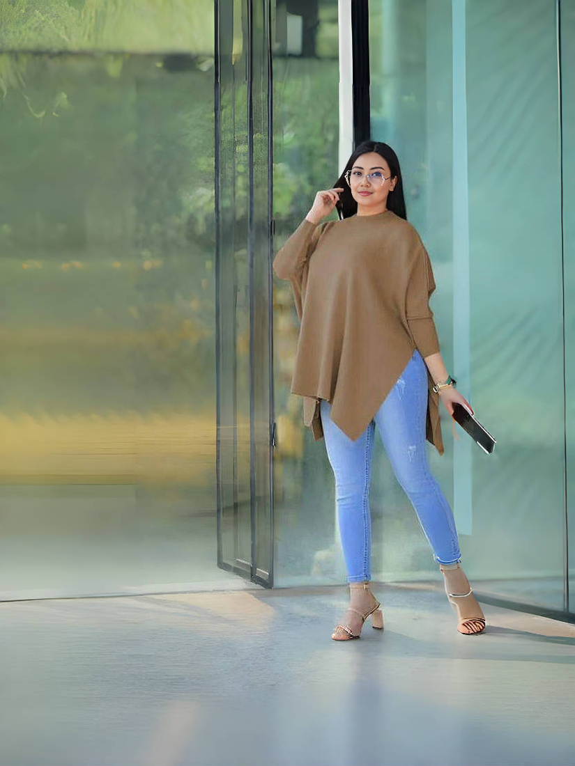 Coffee-brown asymmetrical knit top with loose fit and wide 3/4 sleeves