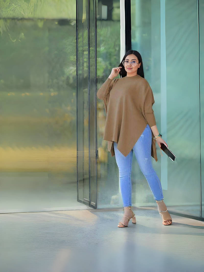 Loose fit knit top with asymmetrical hem, elbow sleeves, khaki knit