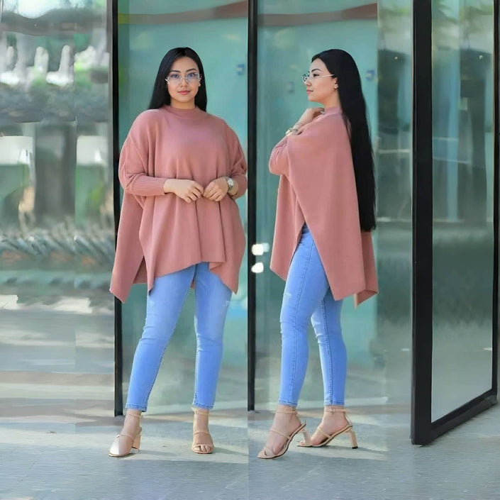 Loose knit top, light-pink, asymmetrical hem and wide sleeves