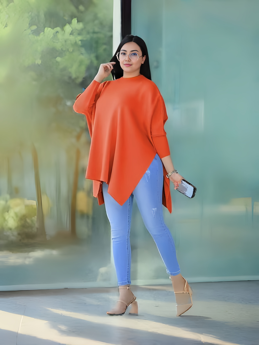 Orange loose-fit knit top with asymmetrical hem and 3/4 sleeves