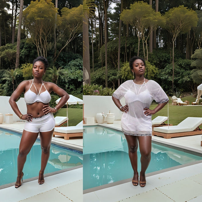 White mesh bikini set with short skirt coverup and stretch waist