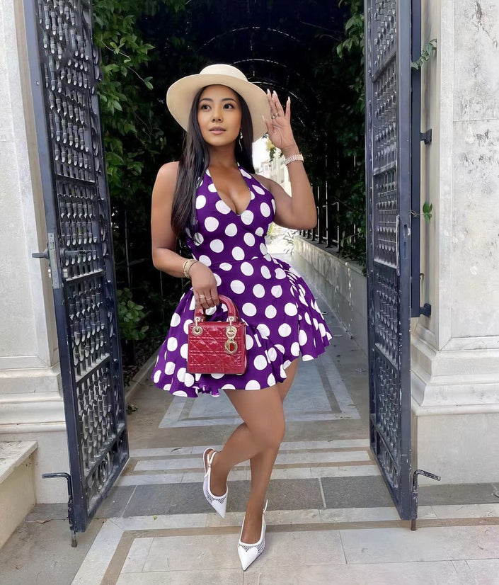 Purple polka dot mini dress, sleeveless V-neck with flared skirt