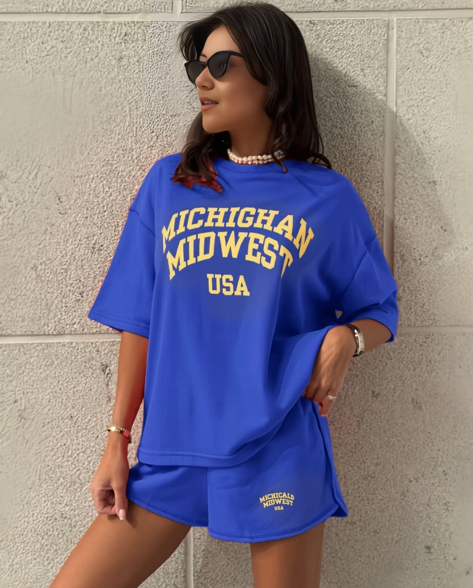 Blue oversized graphic tee with matching shorts set, short sleeves and elastic waistband